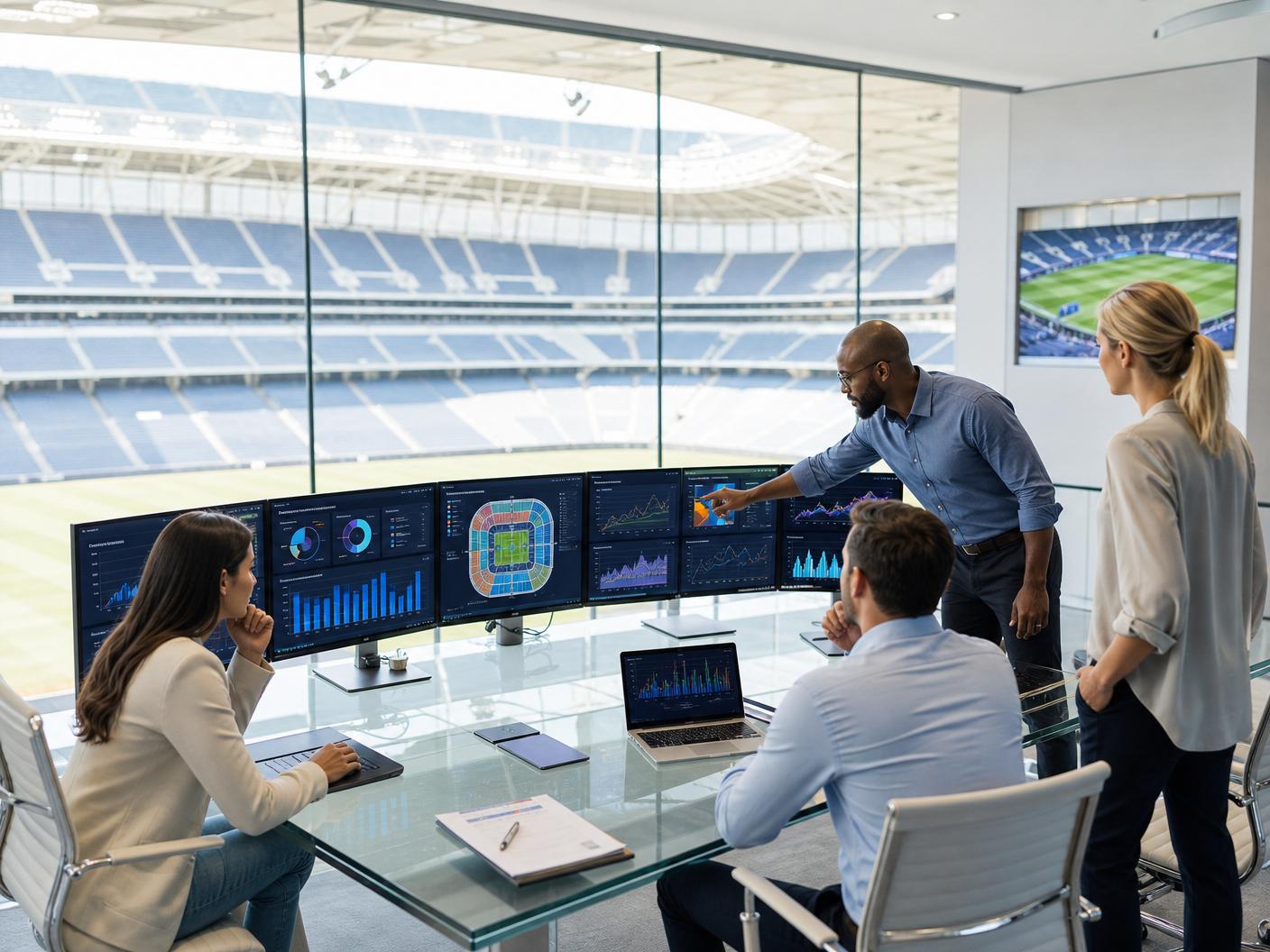 Sports operations team analyzing real-time venue analytics and revenue dashboards